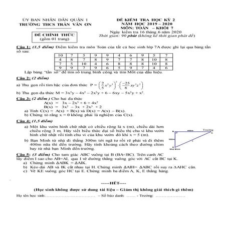Đề Thi HK2 Toán 7 - THCS Trần Văn Ơn