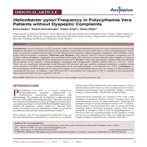 Helicobacter pylori Frequency in Polycythemia Vera Patients without Dyspeptic...