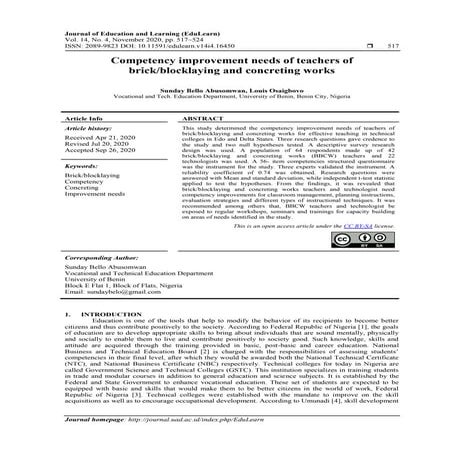 Competency improvement needs of teachers of brick/blocklaying and concreting ...