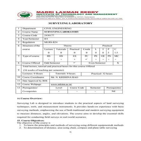 COURSE DESCRIPTOR OF SURVEYING R24 SYLLABUS
