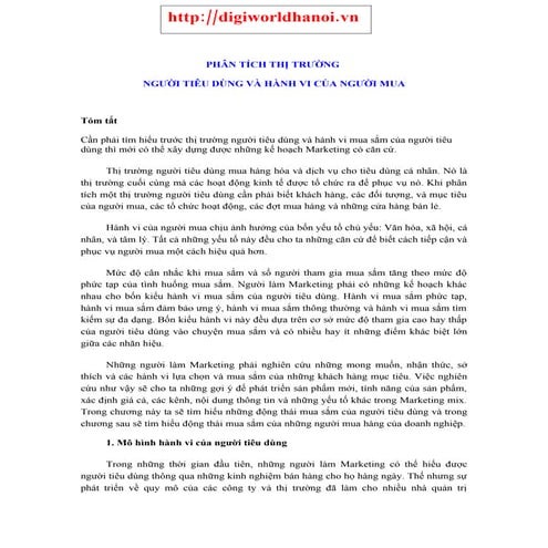 PHÂN TÍCH THỊ TRƯỜNG NGƯỜI TIÊU DÙNG VÀ HÀNH VI CỦA NGƯỜI MUA