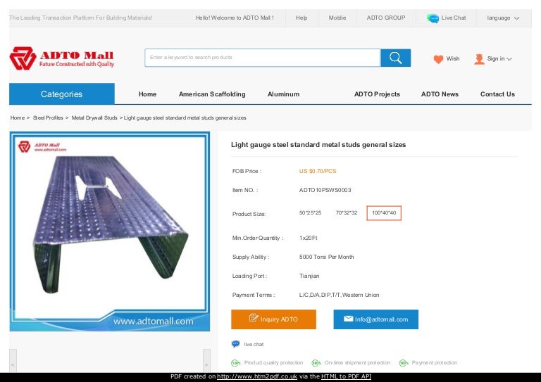 Light gauge steel standard metal studs general sizes