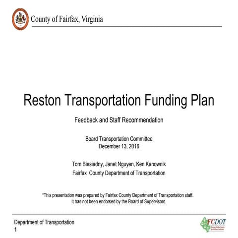 Reston Transportation Funding Plan: Dec. 13, 2016