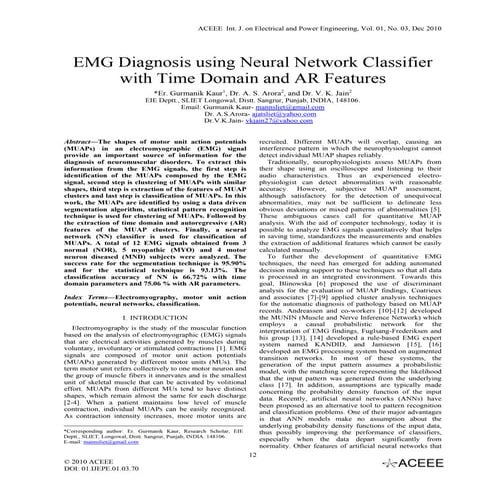 EMG Diagnosis using Neural Network Classifier with Time Domain and AR Features