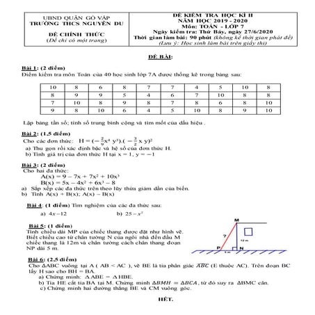 Đề Thi HK2 Toán 7 - THCS Nguyễn Du | DOCX