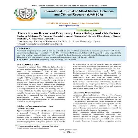 Overview on Recurrence Pregnancy Loss etiology and risk factors