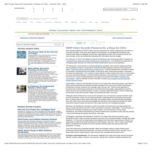 NIST Cyber Security Framework: 4 Steps for CIOs - Deloitte CIO - WSJ