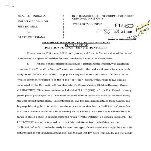Memorandum of Points and References in Support of Petition for Post Convictio...