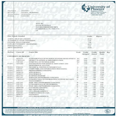 University of Phoenix Transcripts