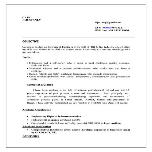 cv Instrument Commissioning Engineer