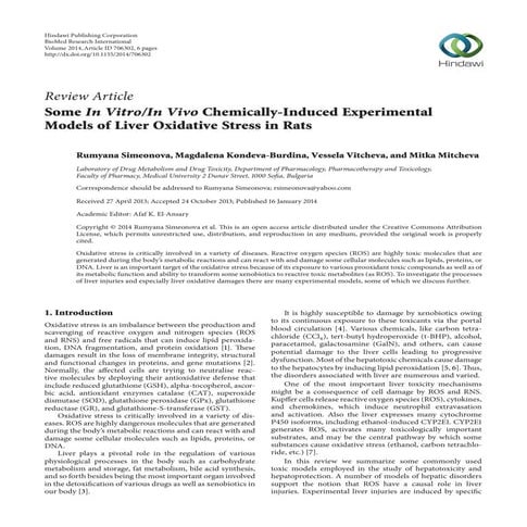 Some In Vitro/In Vivo Chemically-Induced Experimental Models of Liver Oxidati...
