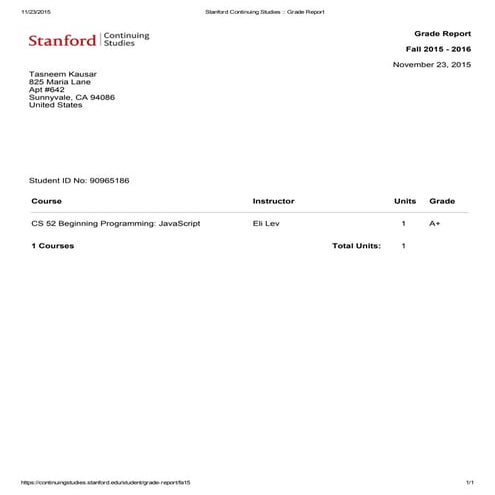Stanford Continuing Studies __ Grade Report | PDF