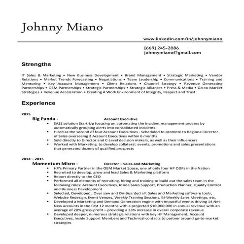Resume - Johnny Miano 2016