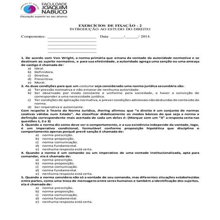 INTRODUÇÃO AO ESTUDO DO DIREITO. exercício