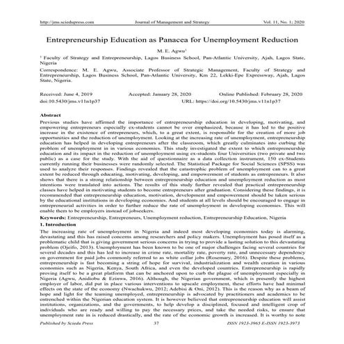 Entrepreneurship education as panacea for unemployment reduction