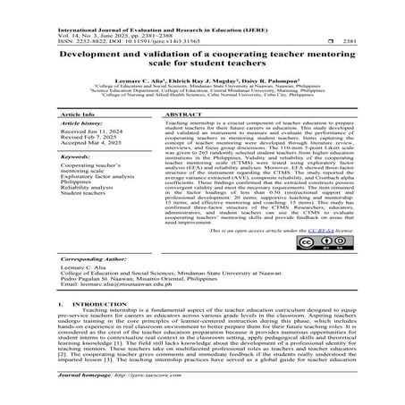 Development and validation of a cooperating teacher mentoring scale for ...