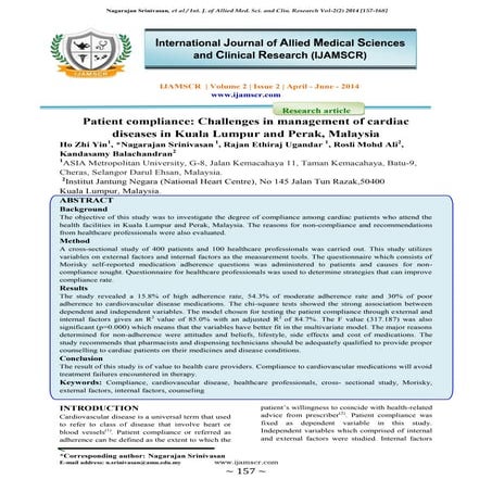 Patient compliance: Challenges in management of cardiac diseases in Kuala Lum...