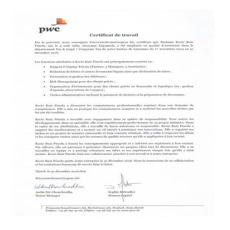 Certificat de Travail - PwC