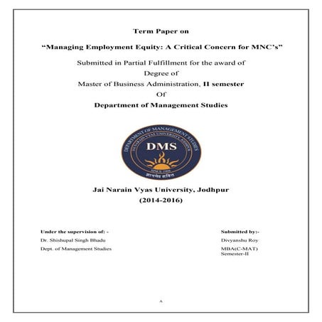 Managing Employment Equity: A Critical Concern for MNC's