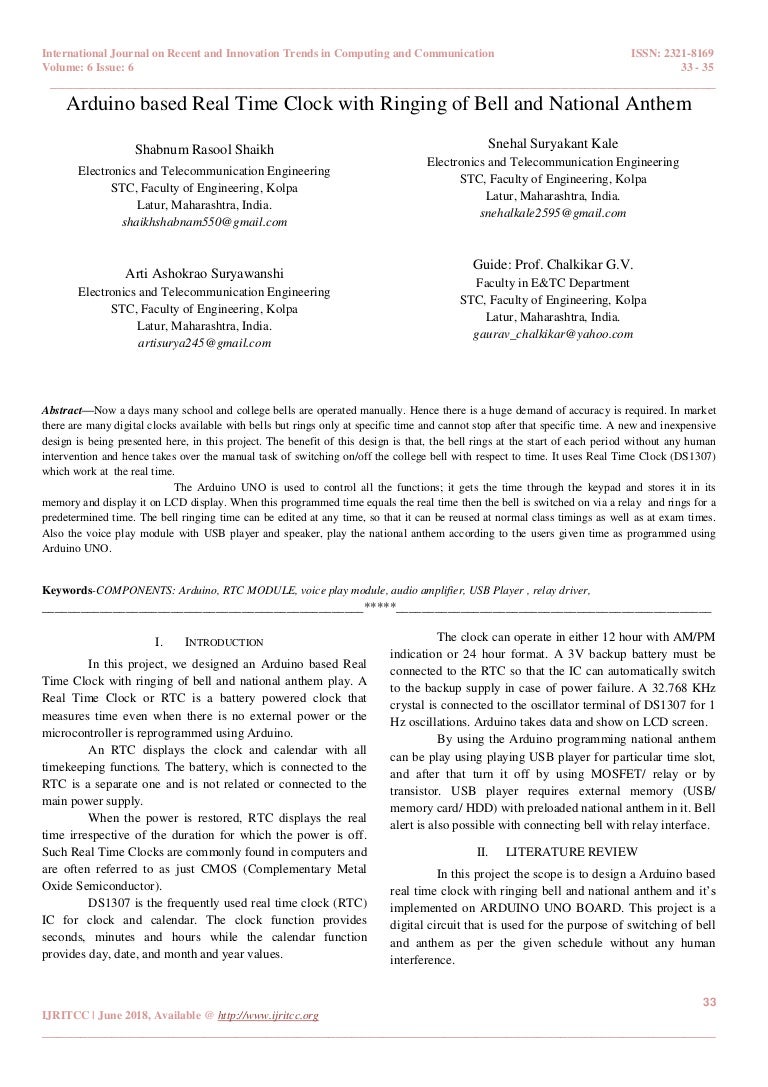 Arduino Based Real Time Clock With Ringing Of Bell And National Anthem