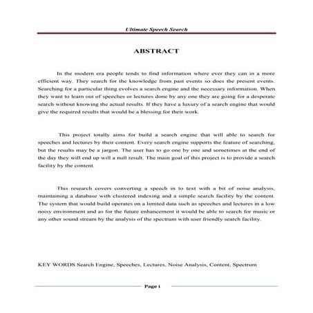 Speech Recognition , Noise Filtering and  Content Search Engine , Research Document