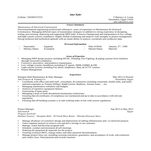 MEP Engineer Amr Sakr Resume