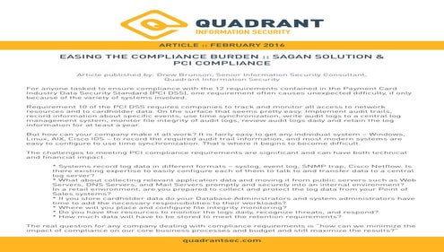 EASING THE COMPLIANCE BURDEN  SAGAN SOLUTION & PCI COMPLIANCE