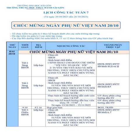 LỊCH CÔNG TÁC TUẦN 7 (Từ ngày 20/10/2025 đến 26/10/2025)