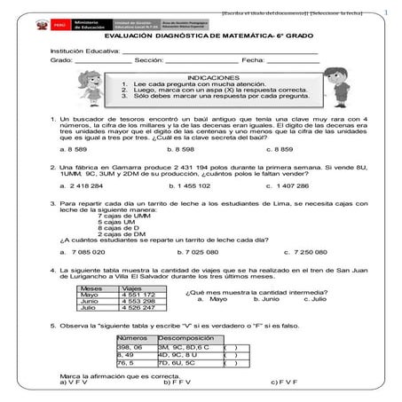 Prueba de matemática 6to grado.