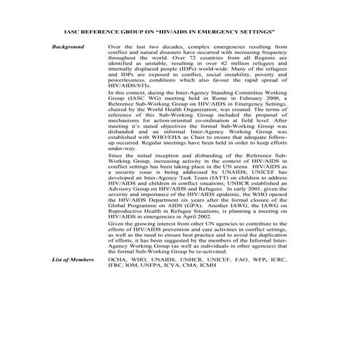 IASC reference  group on HIVAIDS in emergency settings - background
