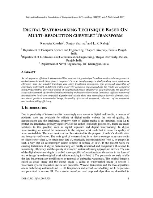 DIGITAL WATERMARKING TECHNIQUE BASED ON MULTI-RESOLUTION CURVELET TRANSFORM