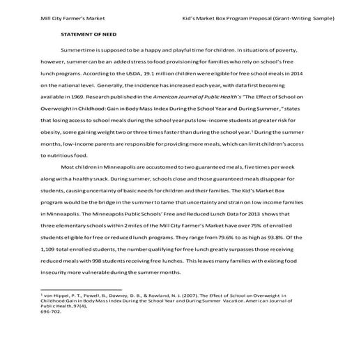 MCFM Kid's Market Box Needs Statement-Grant Writing Class Assignment
