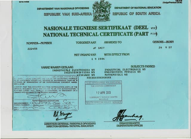 JF Smit Certified N5 certificate