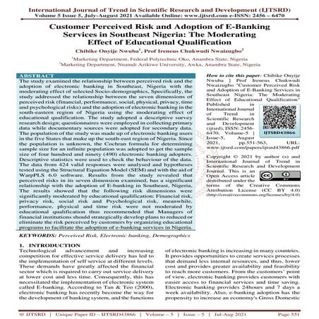 Customer Perceived Risk and Adoption of E Banking Services in Southeast Niger...