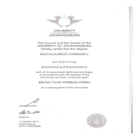 UJ Bcom Economics & Econmetrics and Honours Certificate