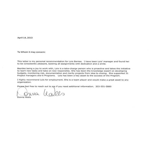 Reference Letter from Donna Walls