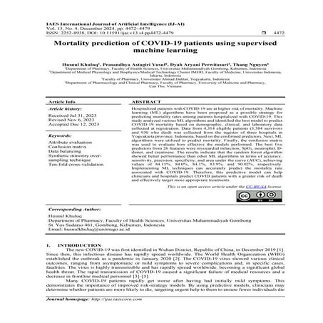 Mortality prediction of COVID-19 patients using supervised machine learning