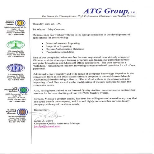 1999 Reference Letter ATG Group