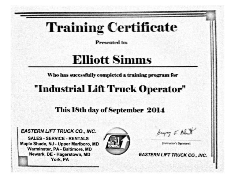 Elliott SImms Industrial Lift Truck Certificate