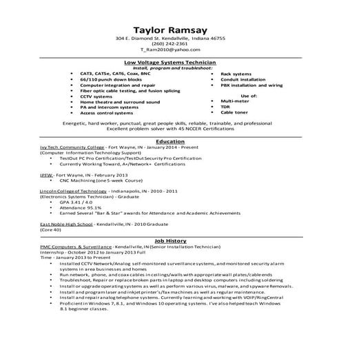 Taylor Ramsay Resume Ivy Tech 6-29-16