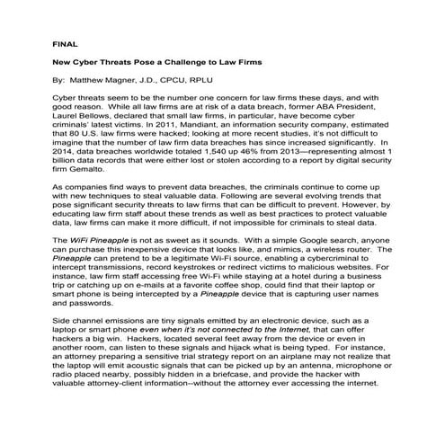 FINAL Disclosures Art-Cyber Threats n Law Firms-Magner FINAL