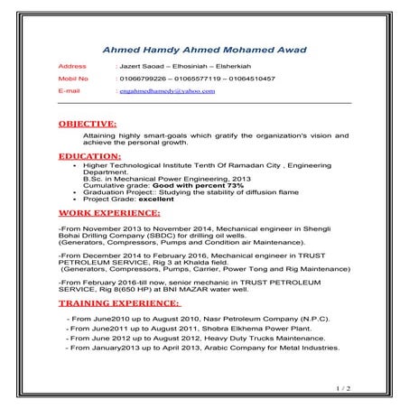 Mechanical engineer Ahmed Hamdy Awad c.v