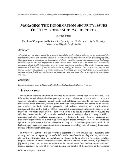 MANAGING THE INFORMATION SECURITY ISSUES OF ELECTRONIC MEDICAL RECORDS