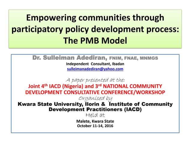 Empowering Communiites through Policy Development-The PMB Model