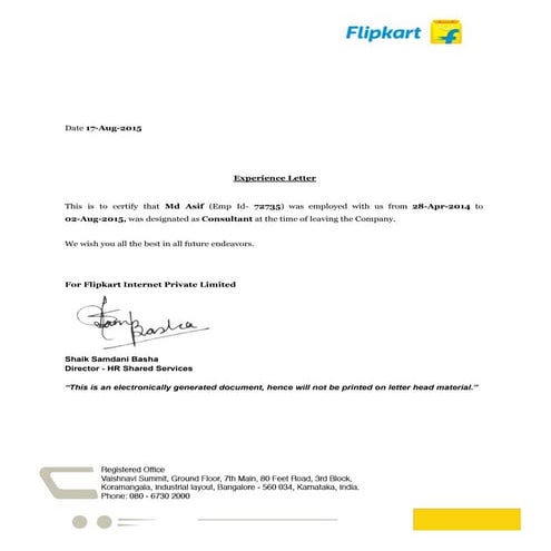 Experience Letter Of Flipkart