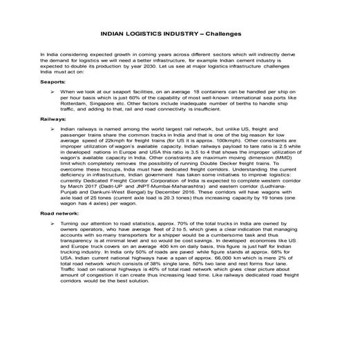 Article on Indian Logistics Challenges