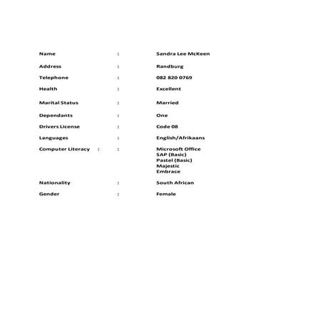 Sandra Lee McKeen - CV