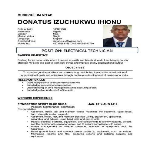 ELECTRICAL ENGINEER cv one | DOCX