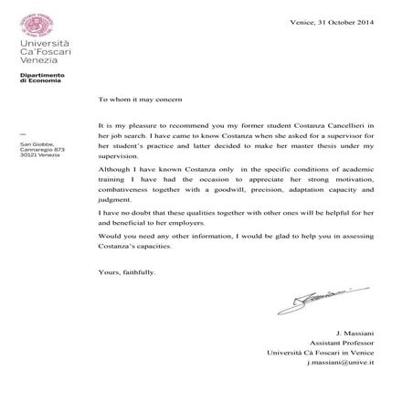 Letter of Recommendation Vincent T.Y. Vinken | PDF