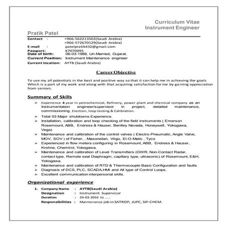 Instrumentation Engineer Resume | DOC